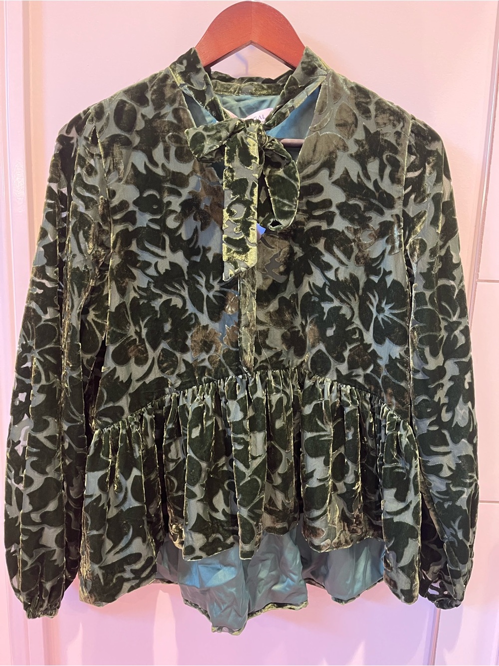 Mac Duggal Olive Green Floral Velvet Bow-Front Top